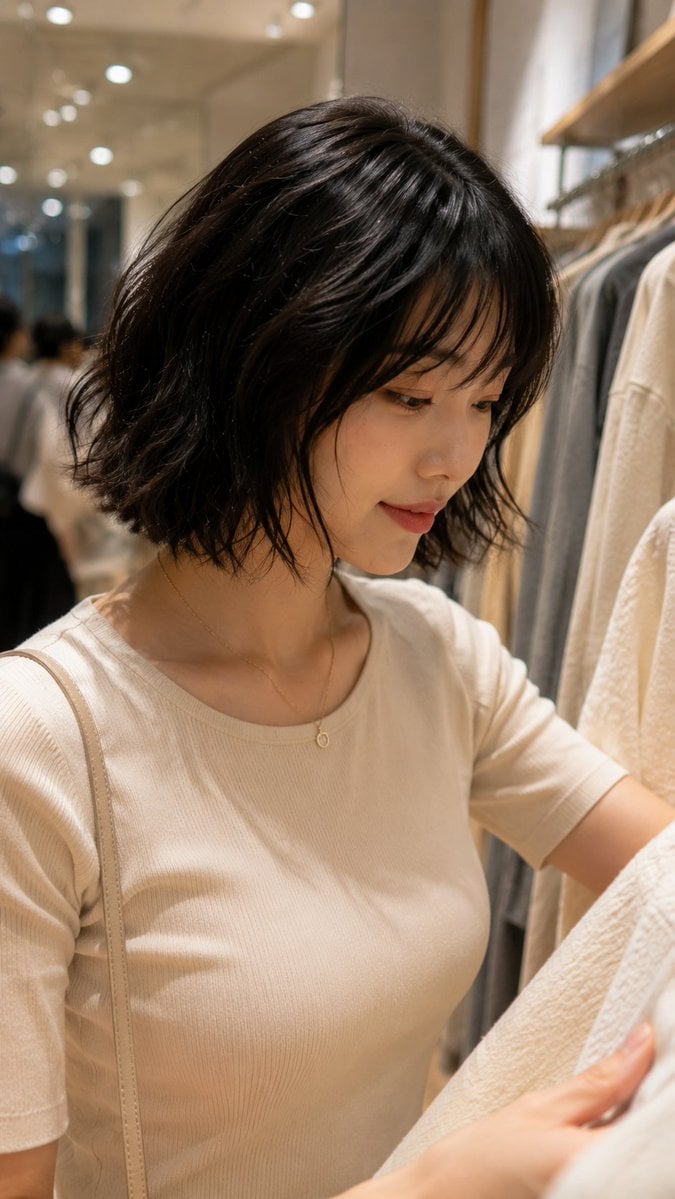 Ultra-realistic candid smartphone photo inside a stylish boutique fashion store 