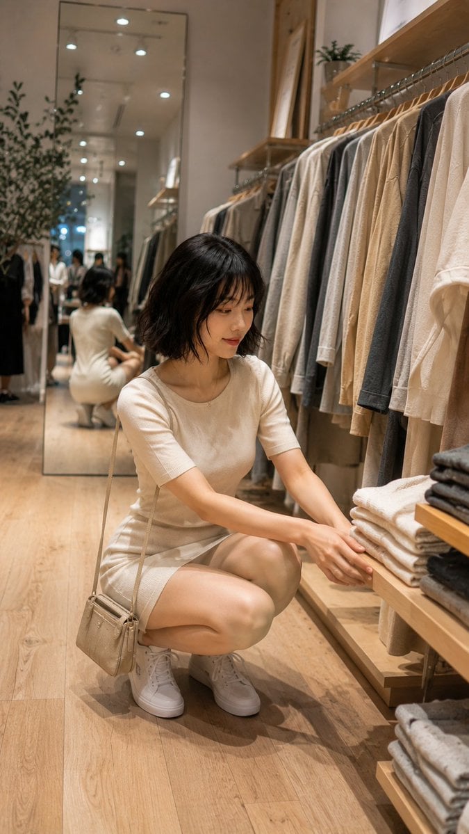 Ultra-realistic candid smartphone photo inside a stylish boutique fashion store 