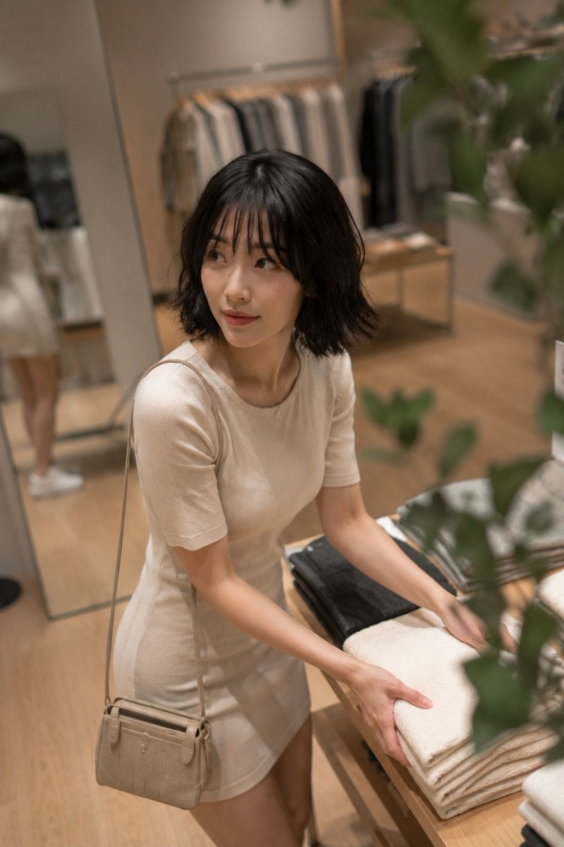 Ultra-realistic candid smartphone photo inside a stylish boutique fashion store 