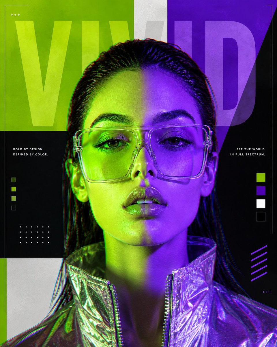 Wide digital art poster composition, woman in blue holographic jacket with pink 