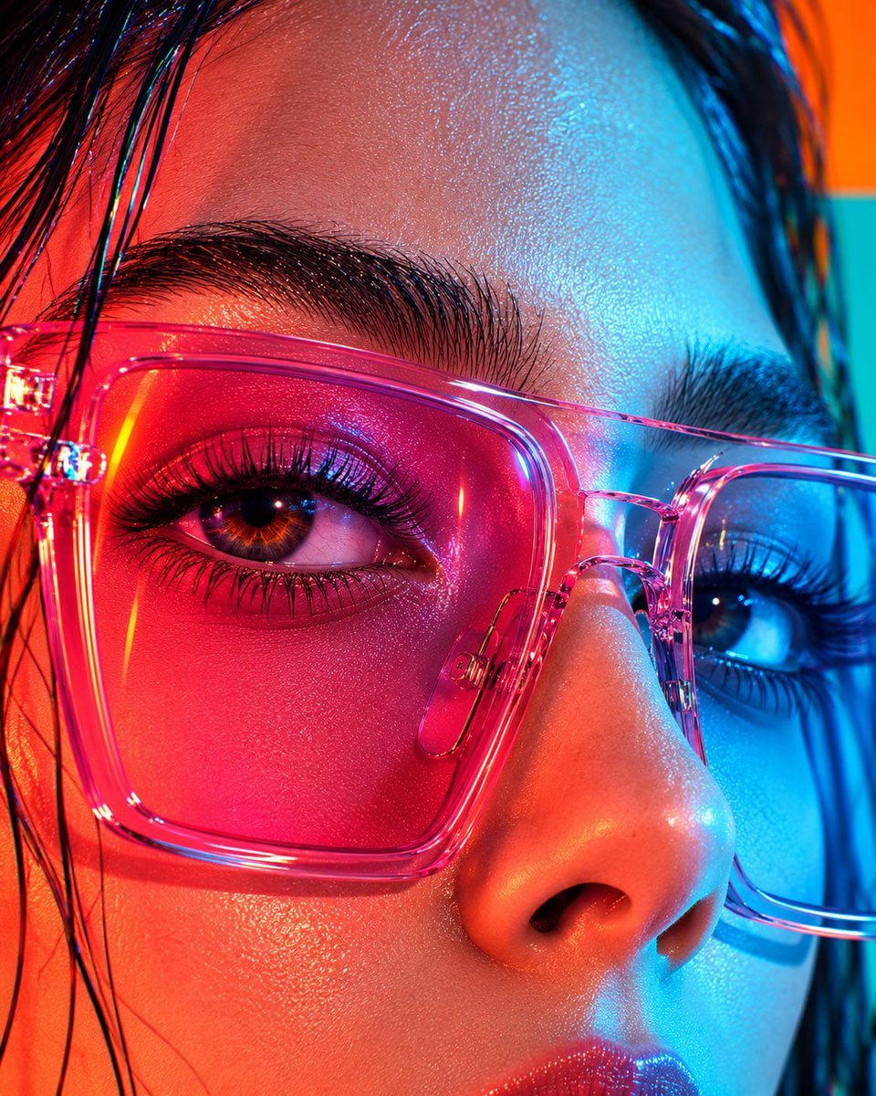 Wide digital art poster composition, woman in blue holographic jacket with pink 