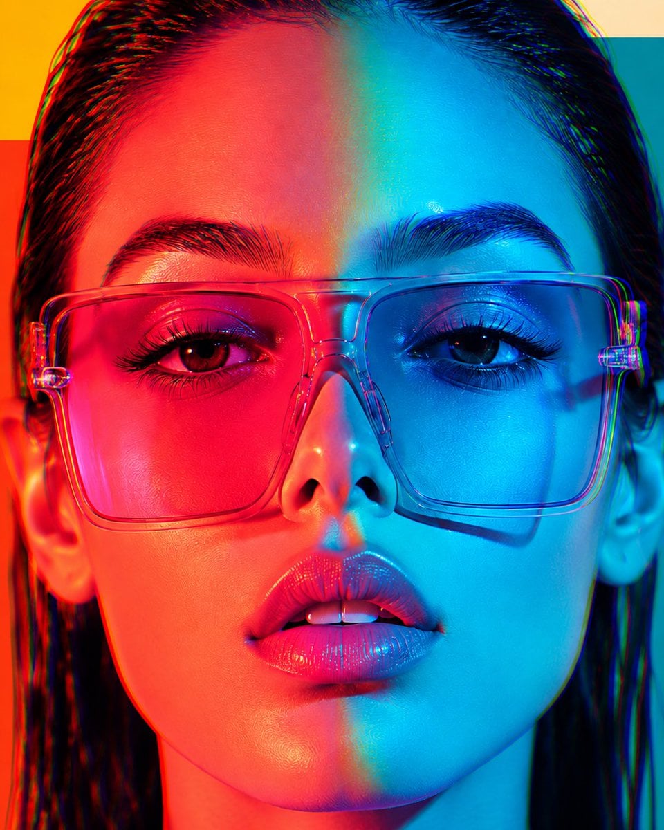 Wide digital art poster composition, woman in blue holographic jacket with pink 