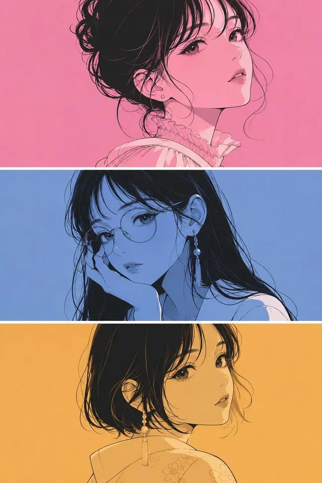 Three-panel anime/manga portrait of the same girl with an identical face in ever