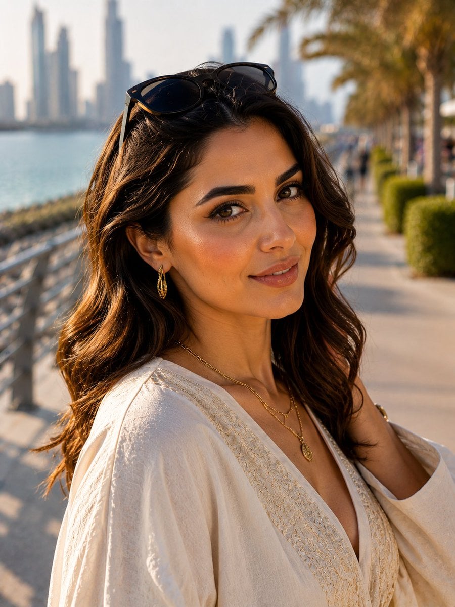 Create a stunning young STYLISH MODERN Arab woman with radiant fair olive skin, 