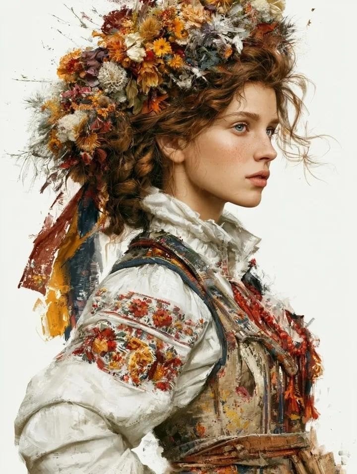 A single highly detailed fine art portrait of a young Slavic woman in traditiona