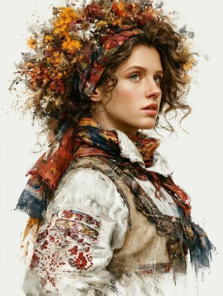 A single highly detailed fine art portrait of a young Slavic woman in traditiona