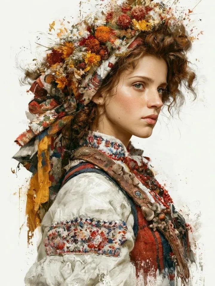 A single highly detailed fine art portrait of a young Slavic woman in traditiona