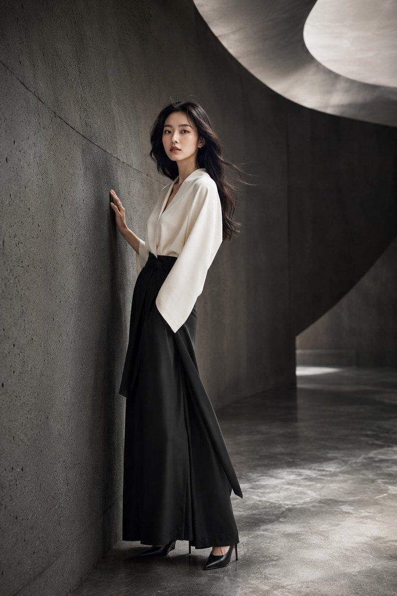 A stunning young Japanese woman in a high-end fashion studio photoshoot, standin