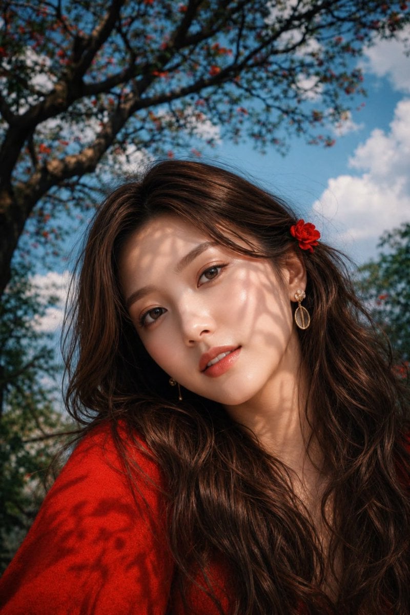 Ultra-realistic DSLR portrait of a beautiful young East Asian woman sitting outd