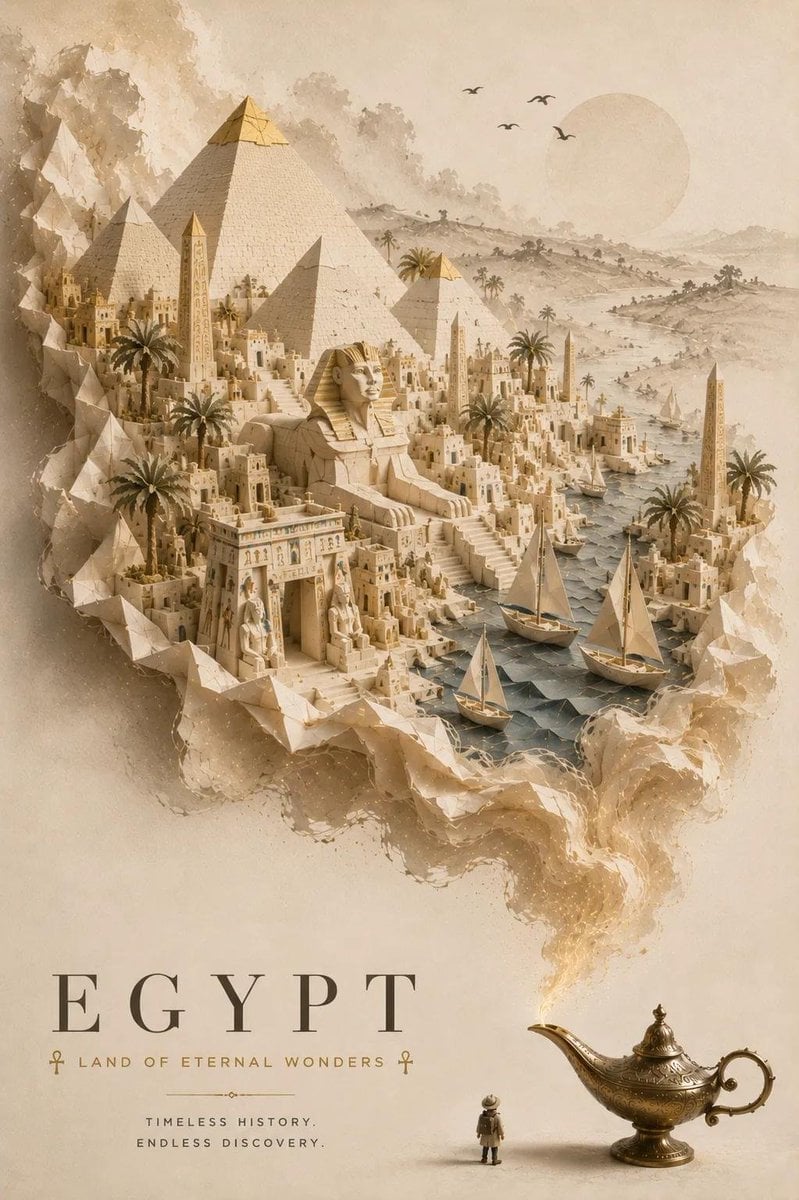 Create an elegant, premium travel poster featuring a magical miniature world of 