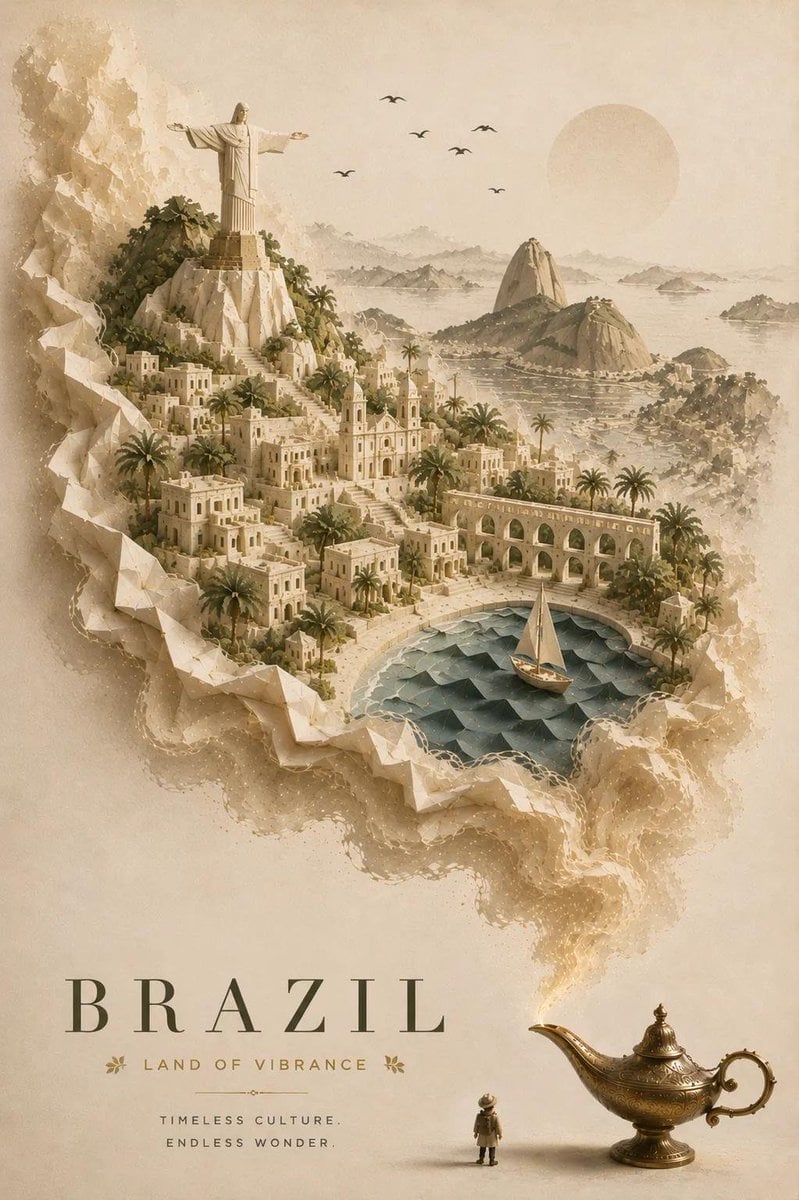 Create an elegant, premium travel poster featuring a magical miniature world of 