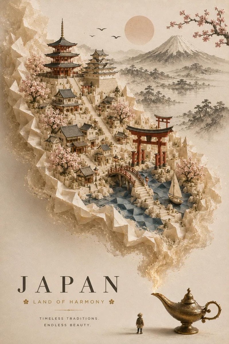 Create an elegant, premium travel poster featuring a magical miniature world of 