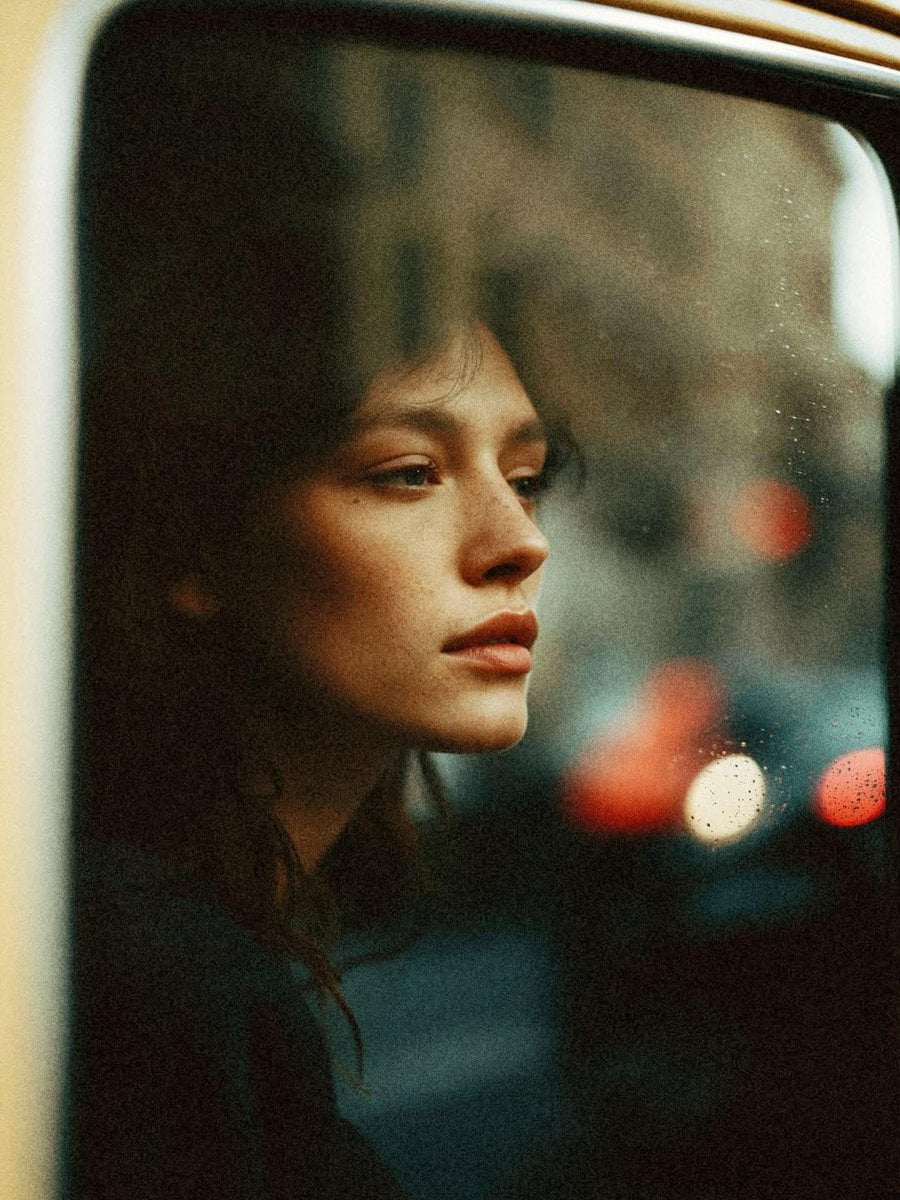 Create a cinematic 35mm analog film photo series featuring the same young adult 