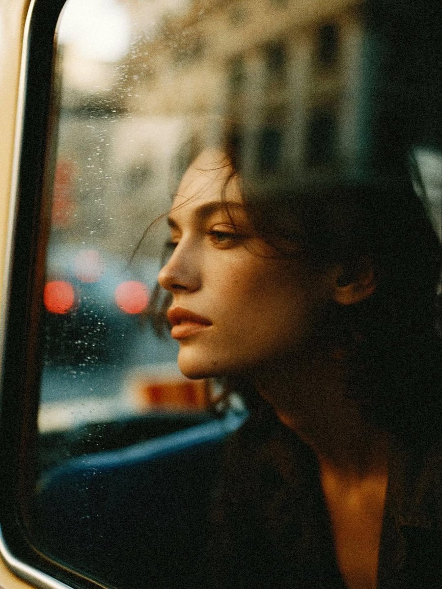 Create a cinematic 35mm analog film photo series featuring the same young adult 