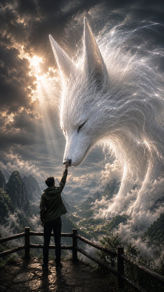 A cinematic fantasy scene from a slightly low, over-the-shoulder perspective. A 