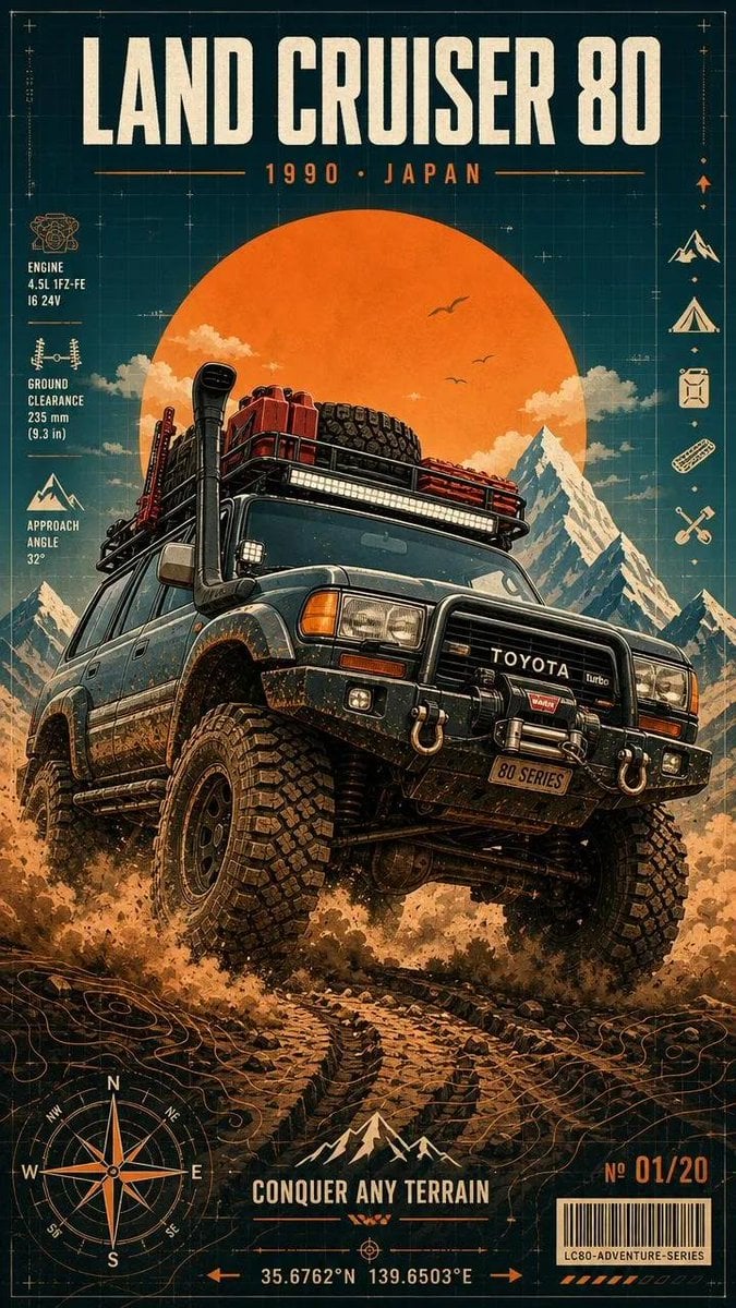 Ultra-detailed vintage overland expedition poster featuring a legendary classic 
