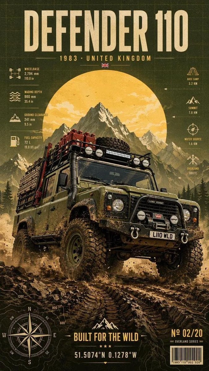 Ultra-detailed vintage overland expedition poster featuring a legendary classic 
