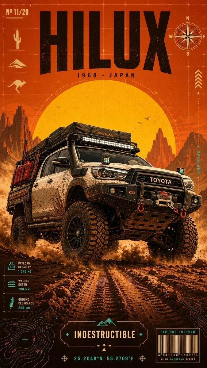 Ultra-detailed vintage overland expedition poster featuring a legendary classic 
