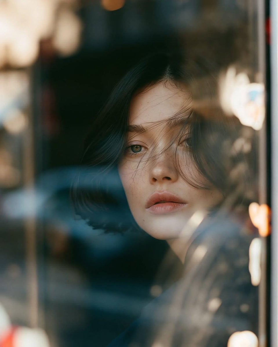 Ultra-cinematic close-up portrait of a young woman sitting inside a dark urban c