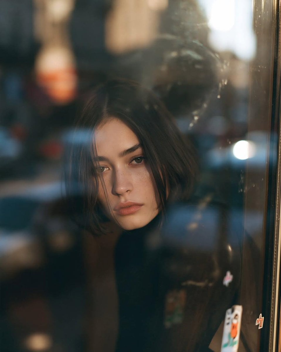Ultra-cinematic close-up portrait of a young woman sitting inside a dark urban c