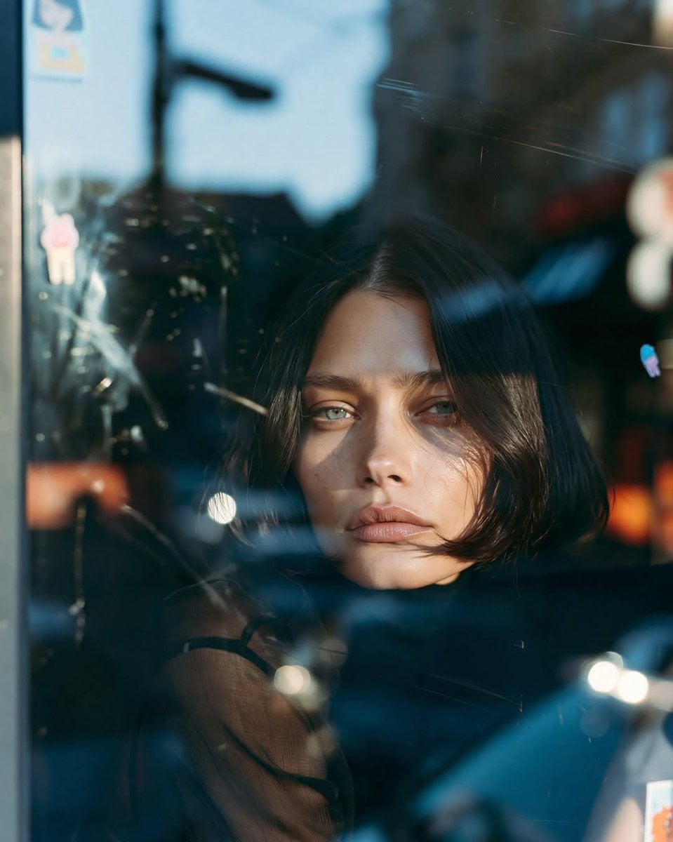 Ultra-cinematic close-up portrait of a young woman sitting inside a dark urban c