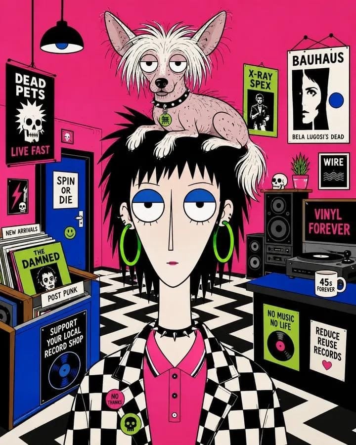 Vertical quirky flat cartoon portrait of [Human] with a tall geometric head, lon