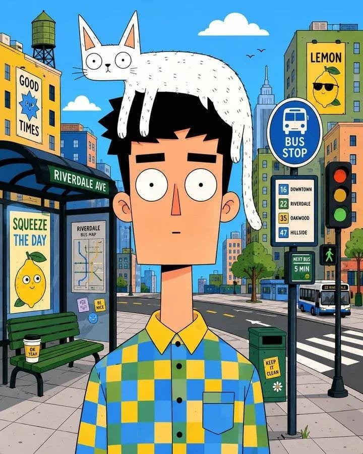 Vertical quirky flat cartoon portrait of [Human] with a tall geometric head, lon