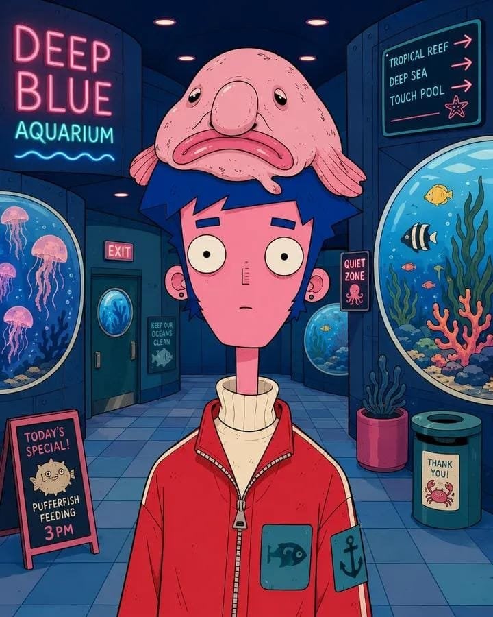 Vertical quirky flat cartoon portrait of [Human] with a tall geometric head, lon