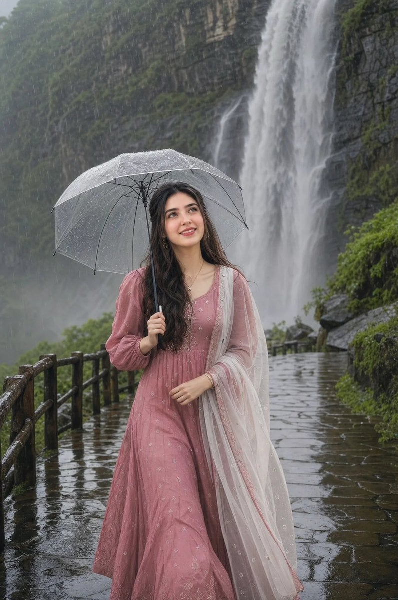 Photorealistic portrait of a beautiful young woman walking on a wet stone path i