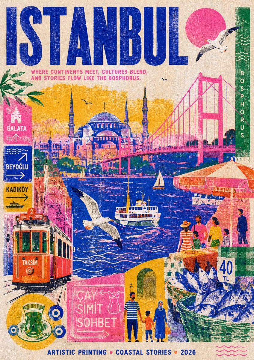 Create a stylish modern travel poster inspired by risography about [City Name]. 