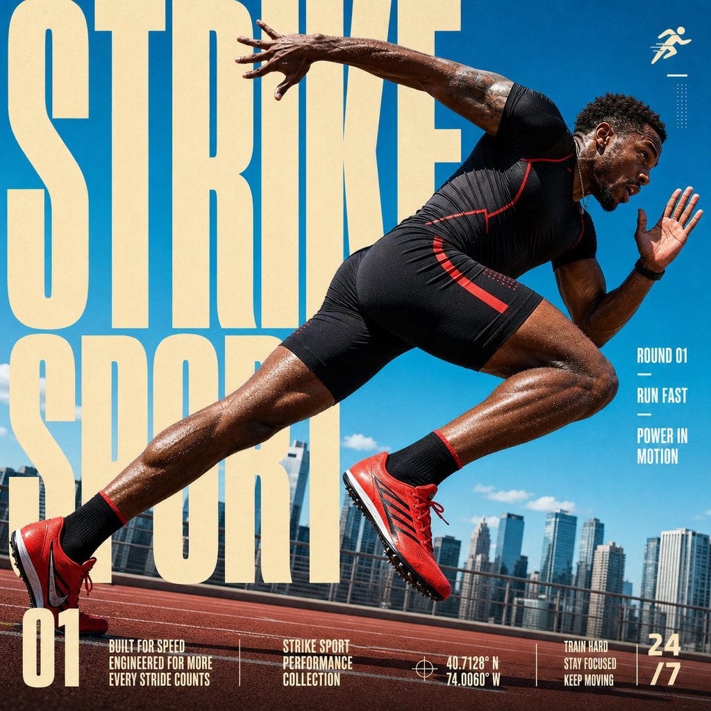 Create a 4:5 full-bleed editorial action poster for STRIKE SPORT. The brand’s vi