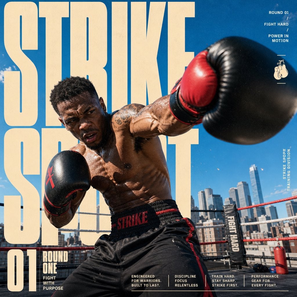 Create a 4:5 full-bleed editorial action poster for STRIKE SPORT. The brand’s vi