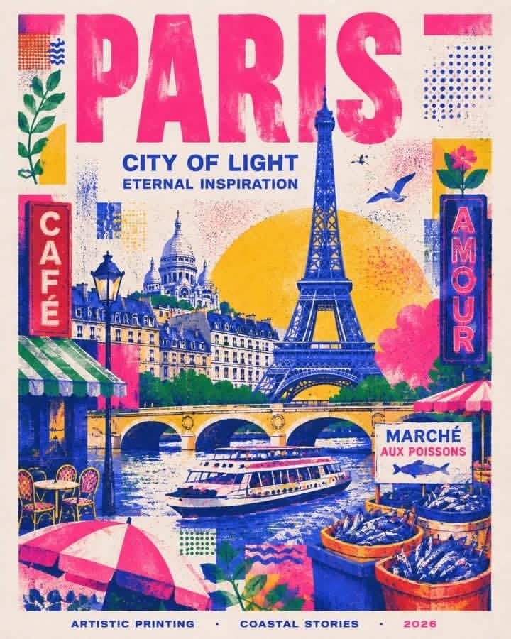 Create a stylish modern travel poster inspired by risography about [City Name]. 