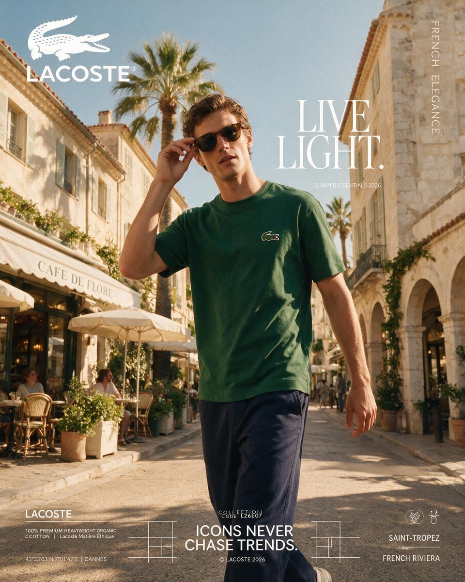 PROJECT:
LACOSTE® SUMMER ESSENTIALS 2026

FORMAT:
4:5 vertical premium fashion S