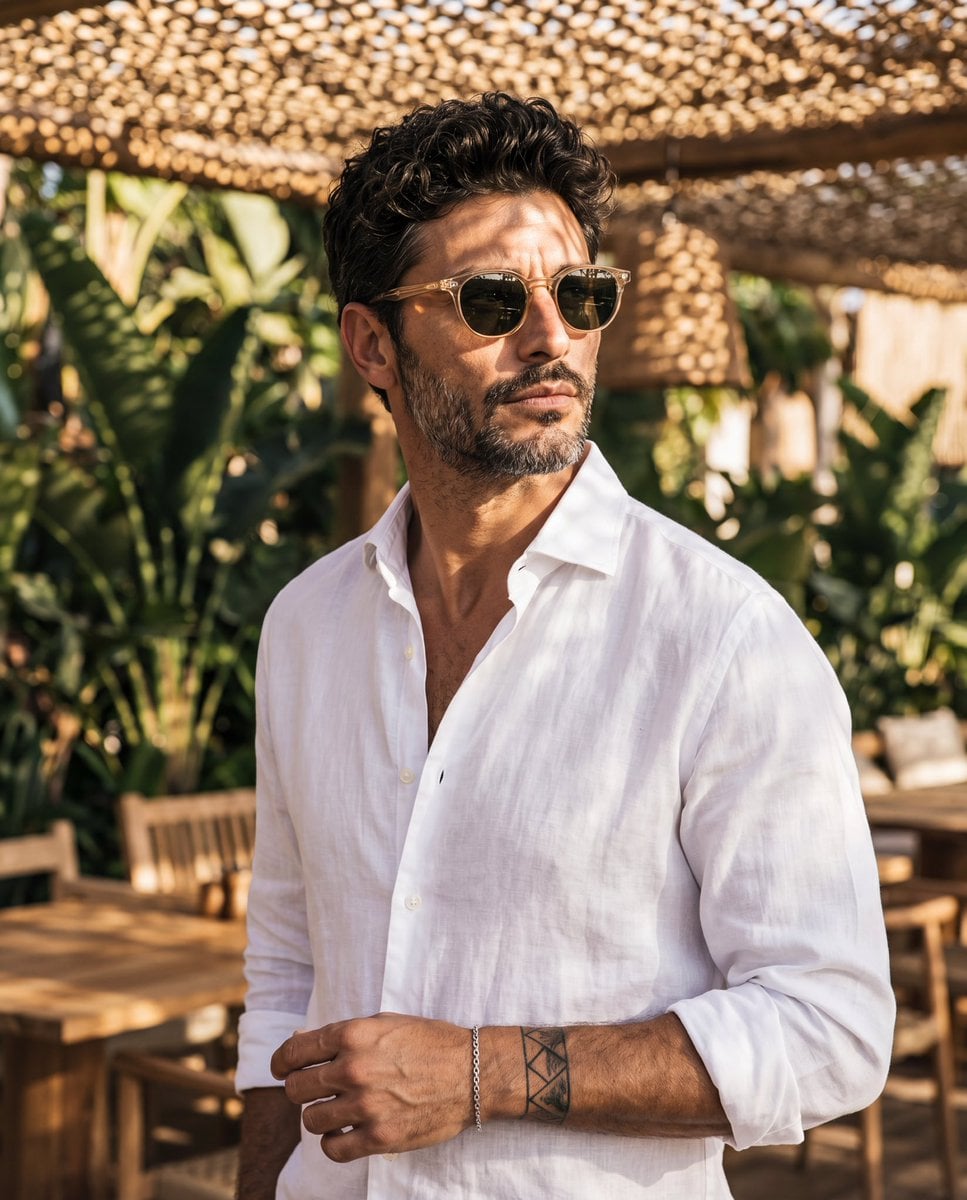 Luxury tropical resort atmosphere, timeless old-money aesthetic, relaxed vacatio