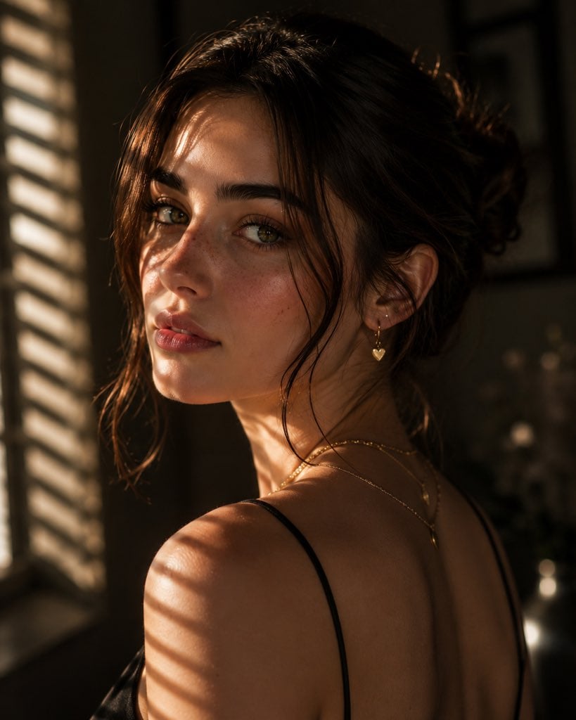 A hyper-realistic fashion portrait of a striking young woman captured in a close