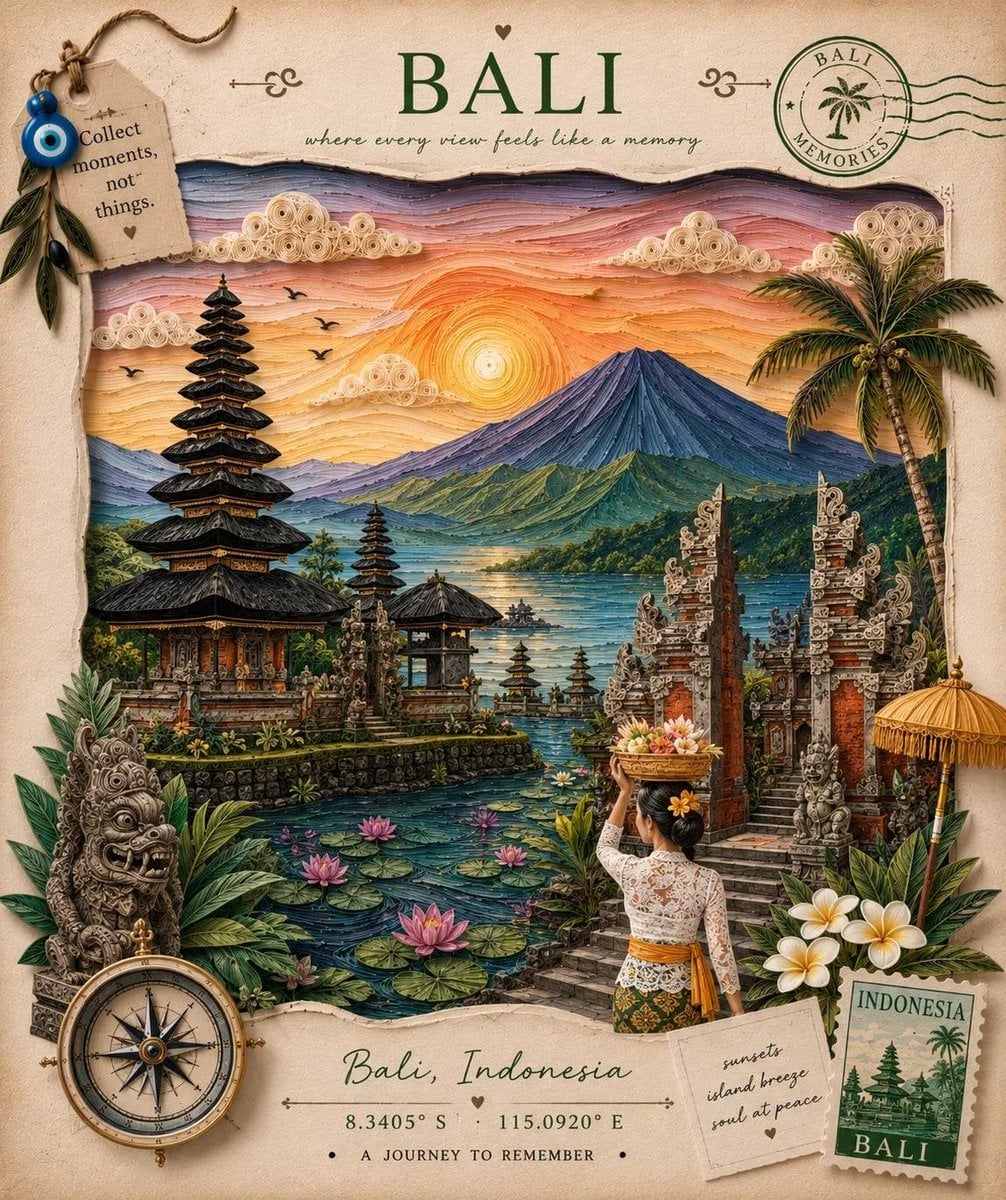 Create an elegant handcrafted 3D paper quilling and layered papercraft travel po