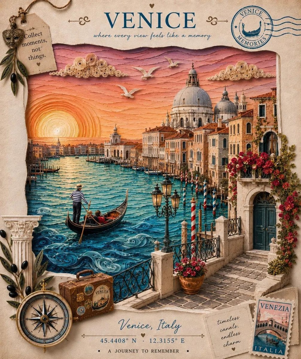 Create an elegant handcrafted 3D paper quilling and layered papercraft travel po