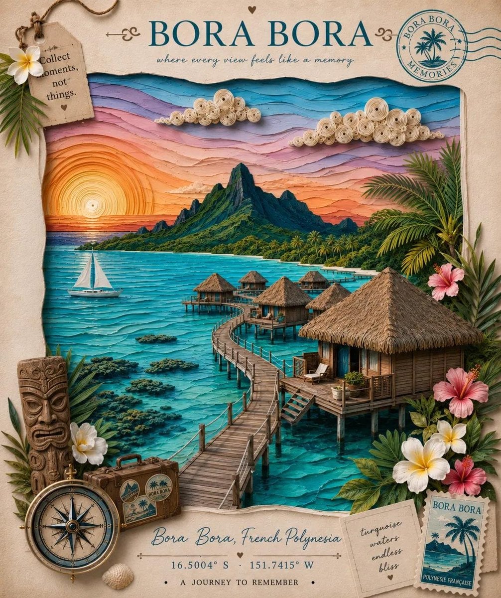 Create an elegant handcrafted 3D paper quilling and layered papercraft travel po