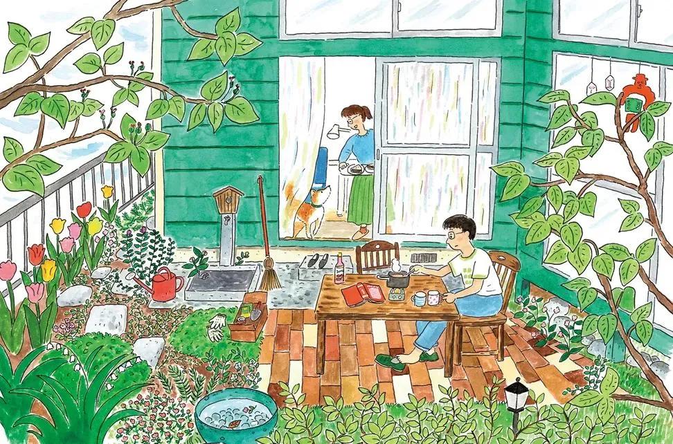 Whimsical hand-drawn watercolor and colored-pencil illustration of a peaceful ev