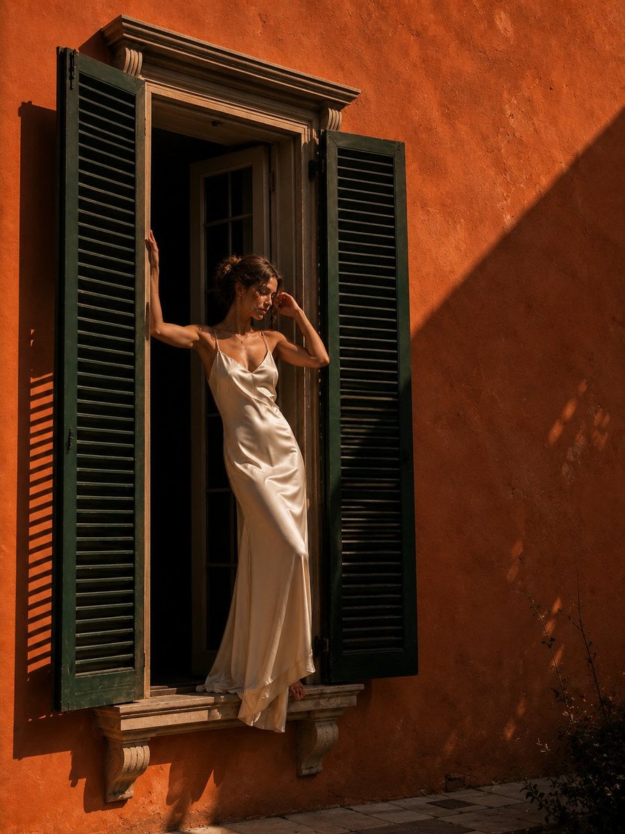 A solitary elegant woman in a flowing ivory silk dress sitting gracefully on a c