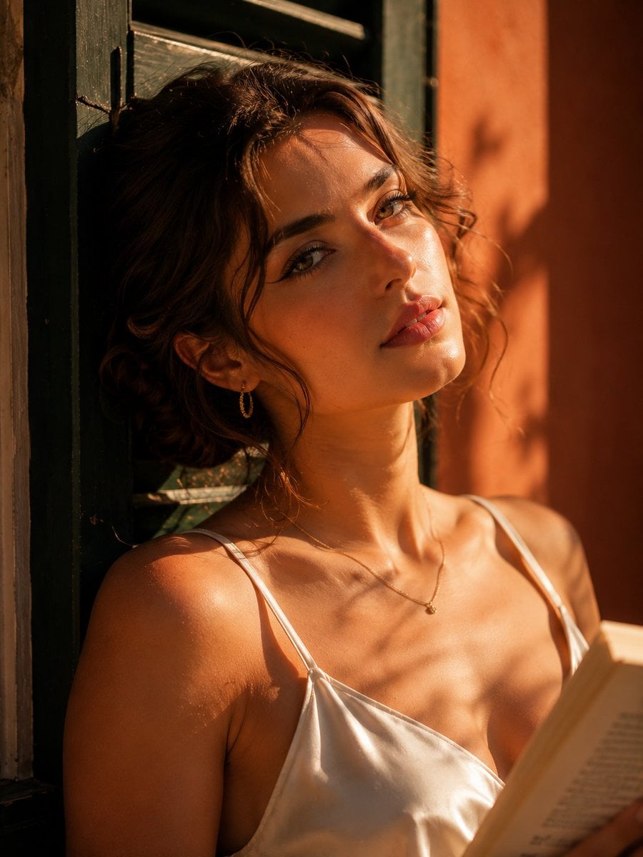 A solitary elegant woman in a flowing ivory silk dress sitting gracefully on a c