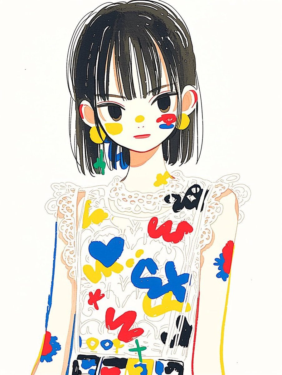 A whimsical fashion illustration of a cute doll-like girl with a short glossy bl