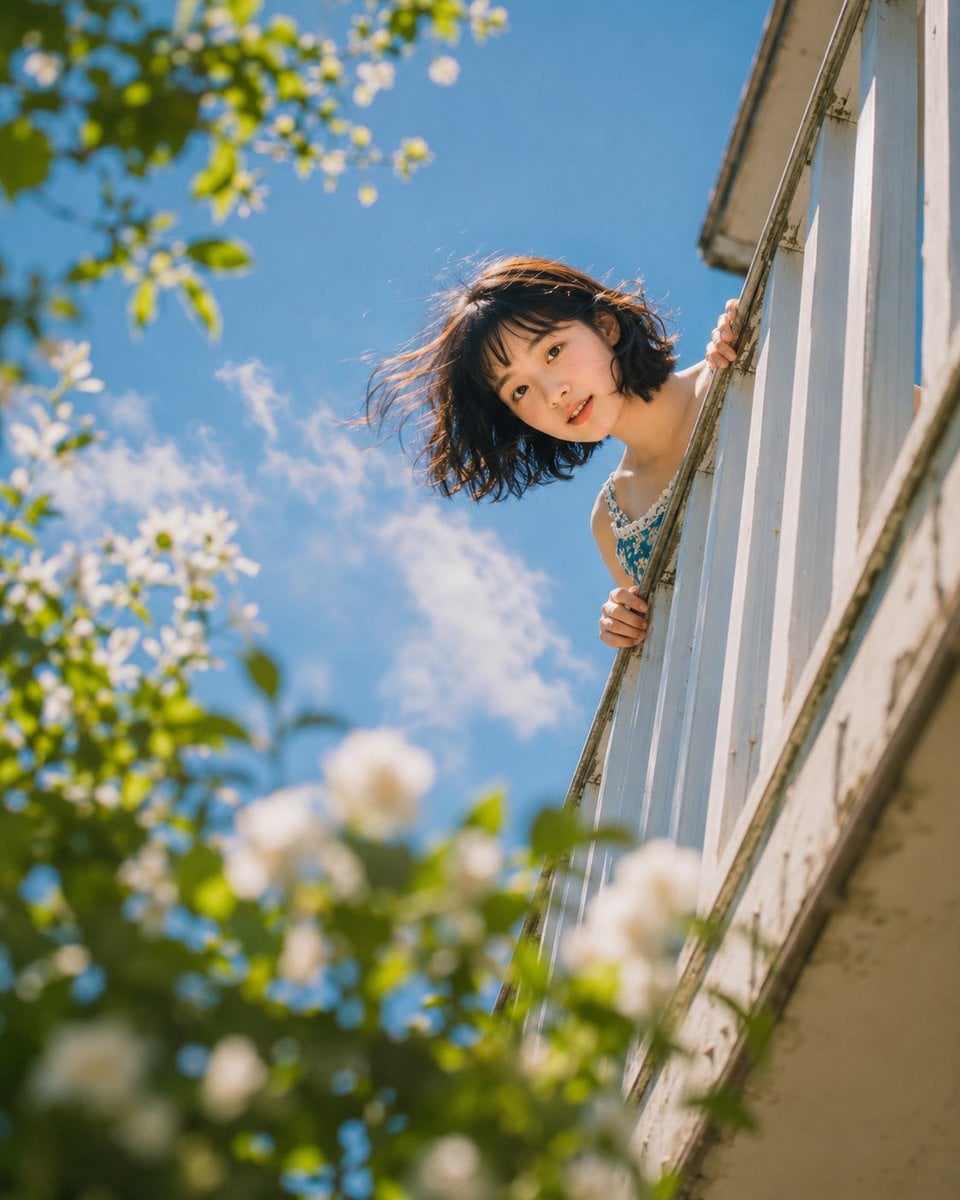 Wide low-angle shot looking up at young woman leaning over white wooden balcony 