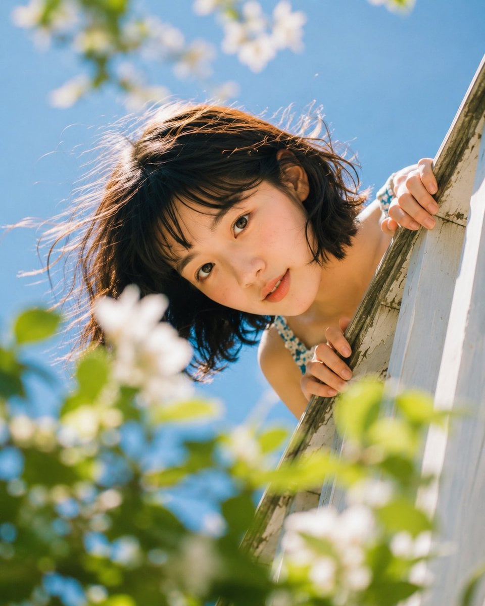 Wide low-angle shot looking up at young woman leaning over white wooden balcony 