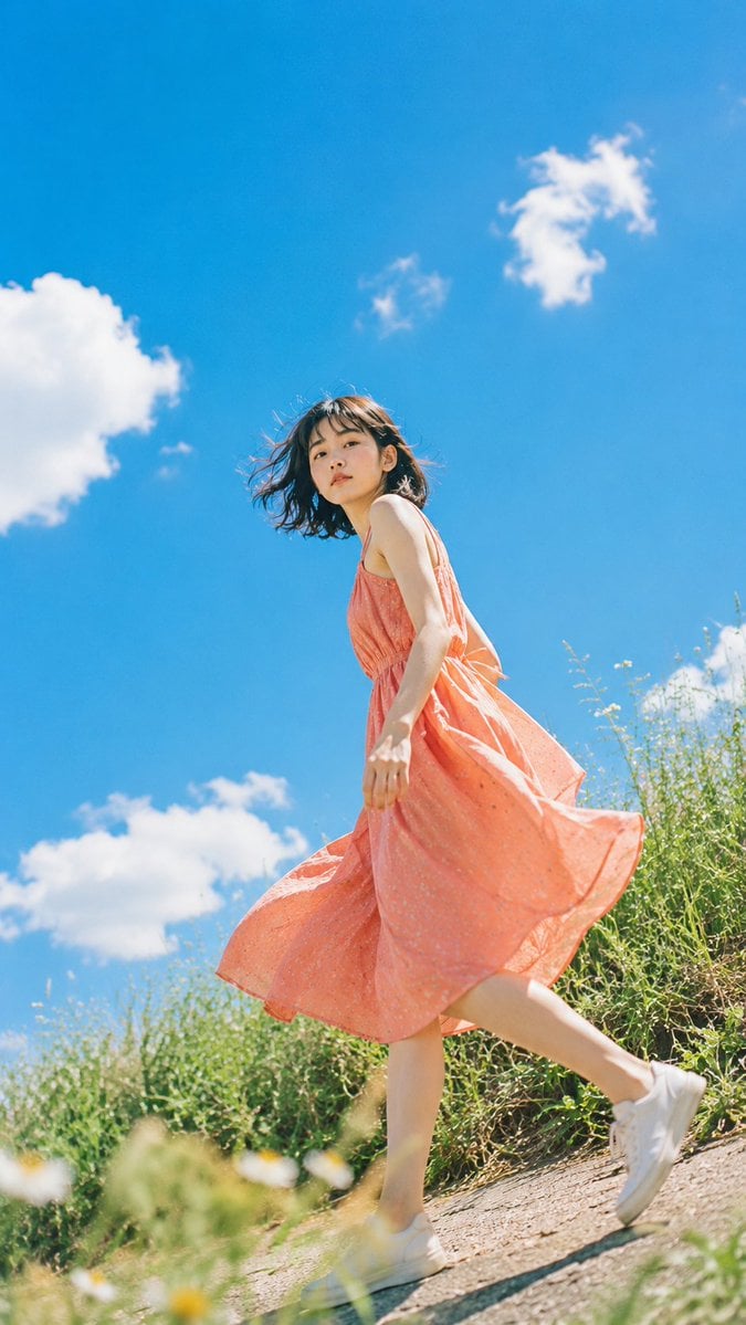 Create a vertical 9:16 photorealistic summer portrait of a young East Asian woma