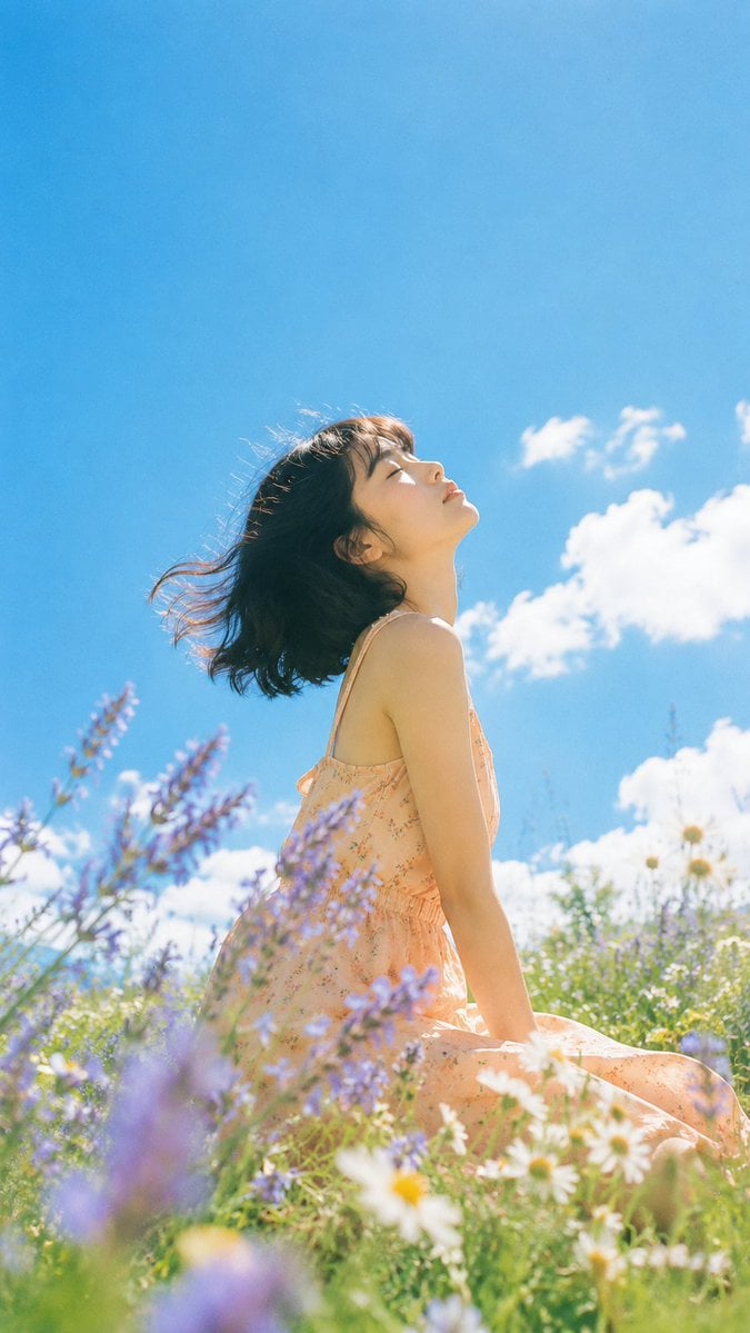 Create a vertical 9:16 photorealistic summer portrait of a young East Asian woma