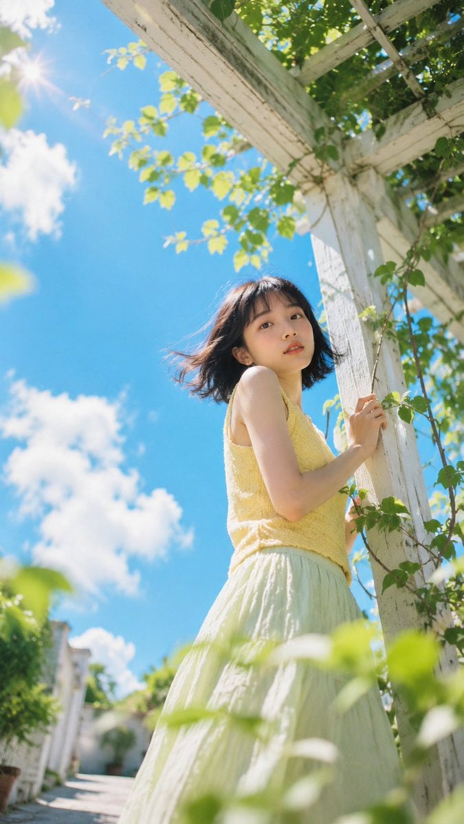 Create a vertical 9:16 photorealistic summer portrait of a young East Asian woma