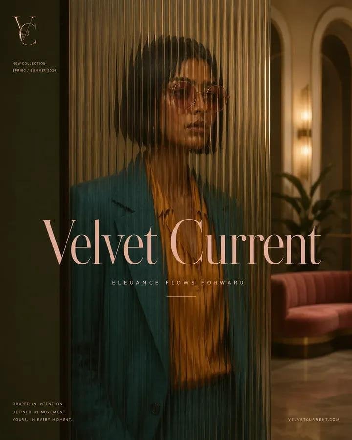 Minimalist luxury fashion advertisement featuring [Human] wearing [Clothing], vi
