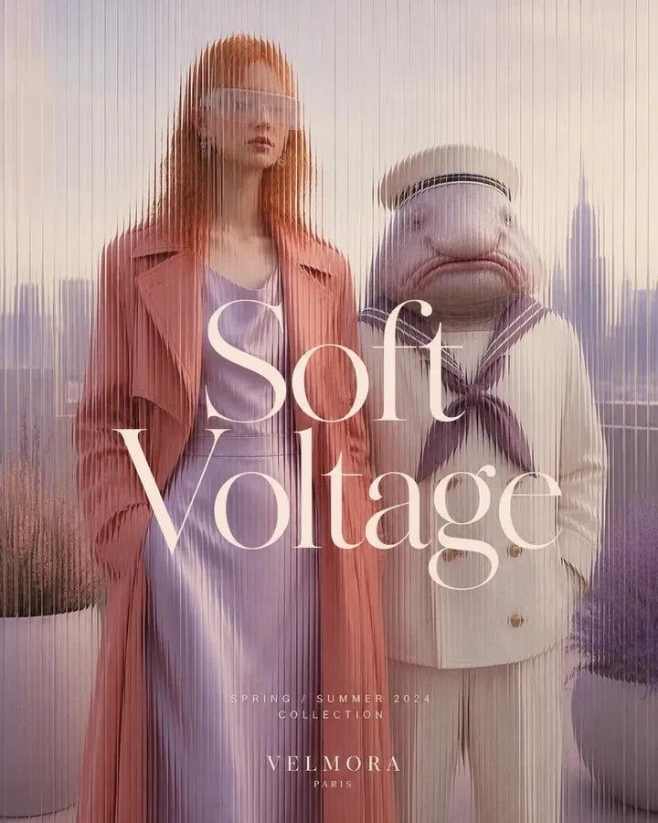 Minimalist luxury fashion advertisement featuring [Human] wearing [Clothing], vi